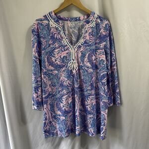 Lilly Pulitzer Kaia Knit Tunic Coastal Blue Maybe Gator Size Large Beach Preppy